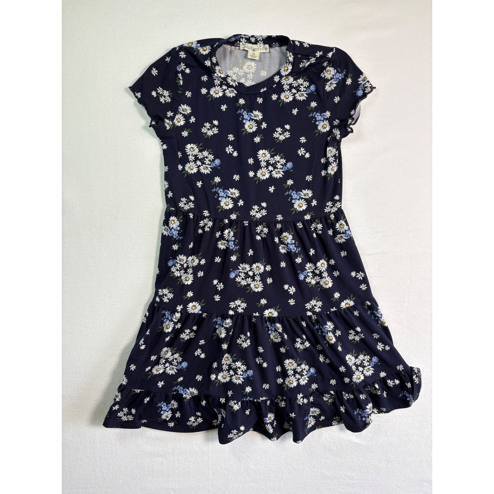 Knit Works Girls Navy Blue‎ Floral Daisy Ruffle Short Sleeve Dress Size 10